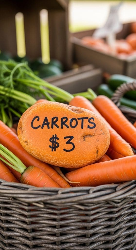 orange rock with price on sitting on carrots