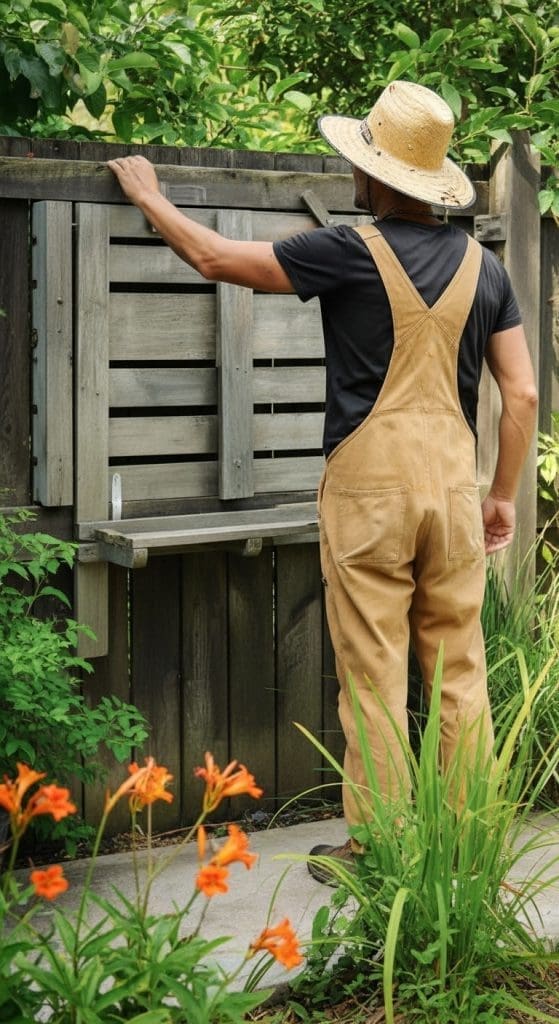 foldable potting bench in small garden