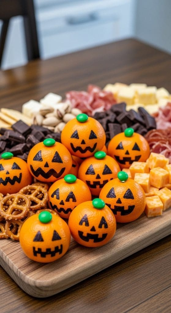 small oranges with pumpkin faces drawn on 