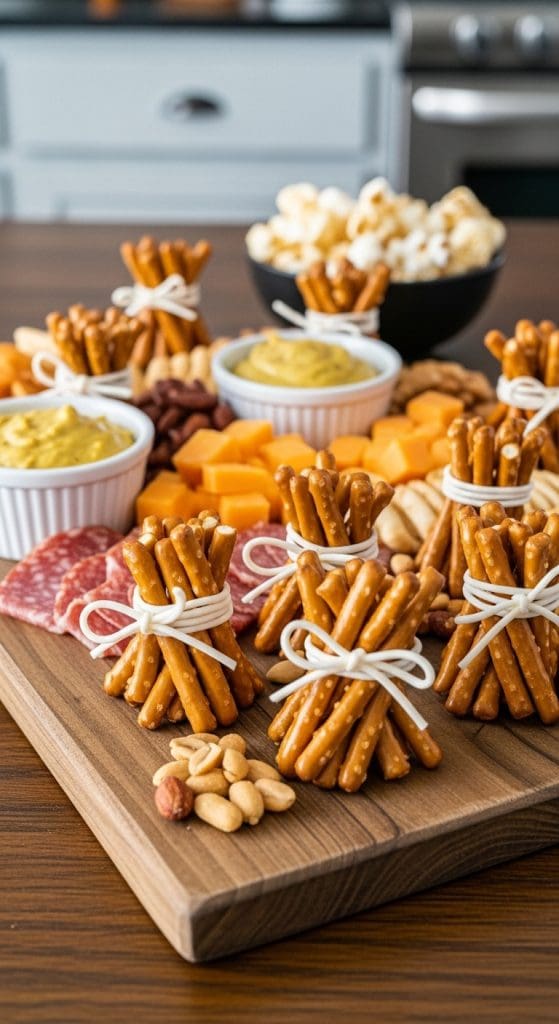 Pretzels wrapped in cheese strings on Halloween charcuterie board