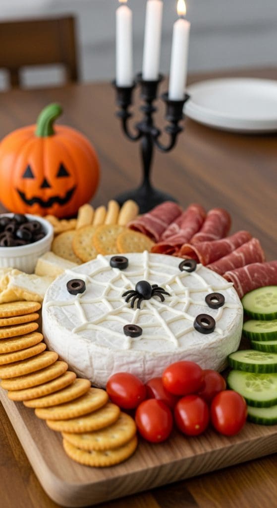 Halloween charcuterie board made with a wheel of brie with a cream cheese spider web design on top 