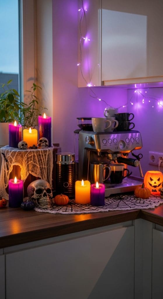 purple and orange candles on a coffee station giving an eerie glow