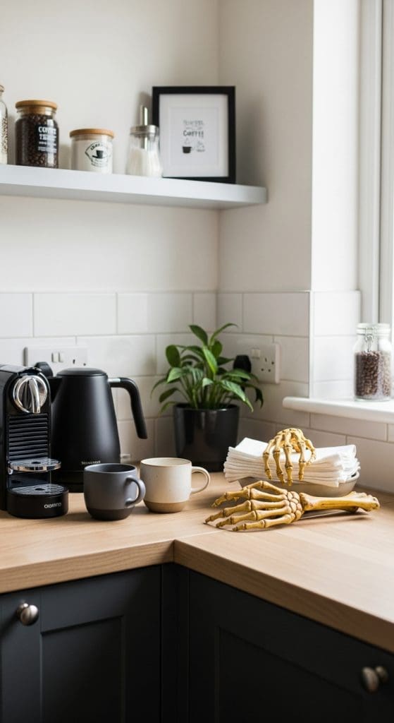 skeleton hands holding napkins on a coffee station in modern kitchen