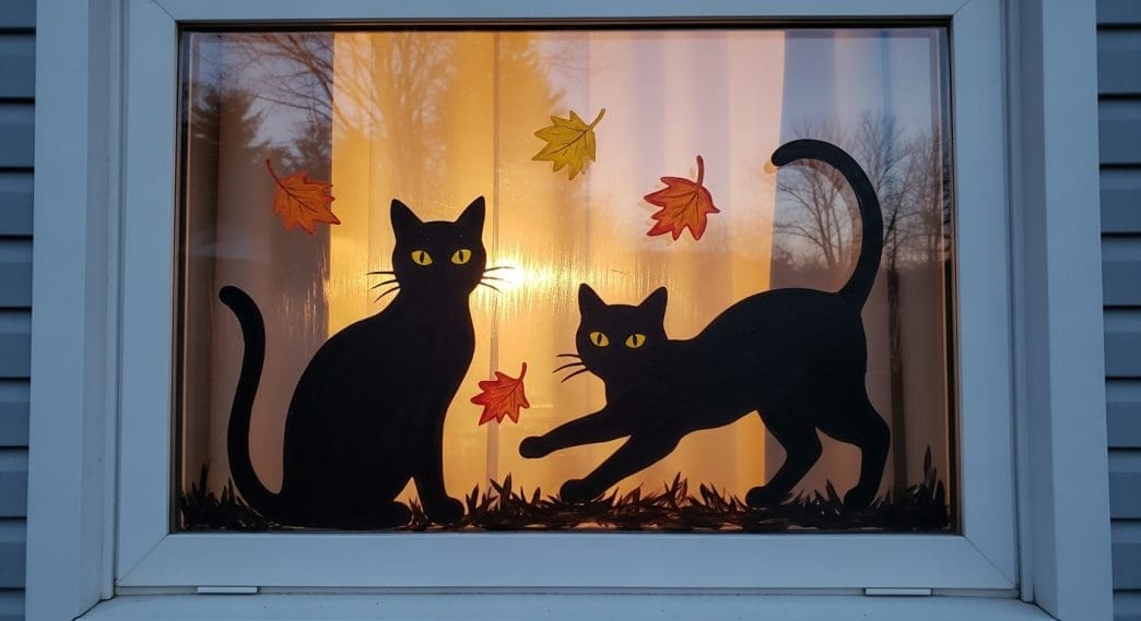 Halloween Window Painting of two black cats in a window