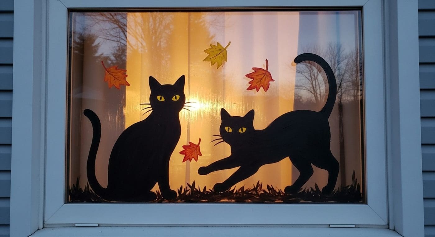 Halloween Window Painting of two black cats in a window