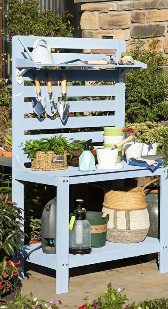 lattice back potting bench in blue in garden