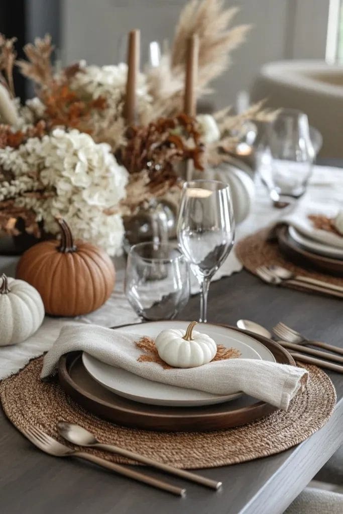 layered plates with mini white pumpkin on a simple thanksgiving table