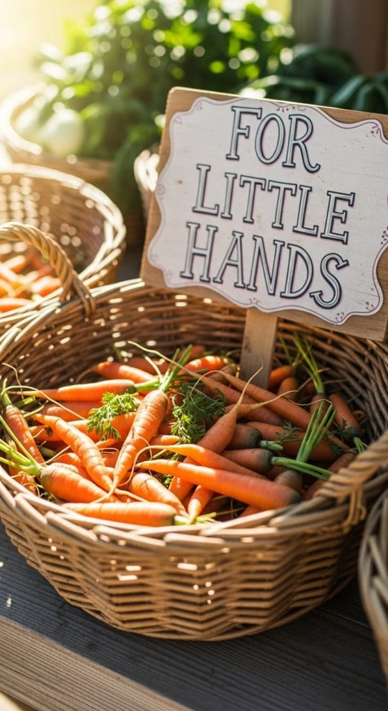 sign that says for little hands only in a basket full of small carrots