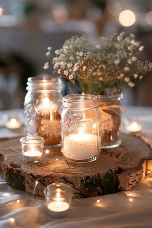 mason jars with tealights candles in for simple thanksgiving tablescape ideas