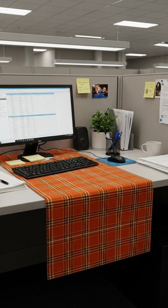 orange plaid table runner on a desk in an office cubicle