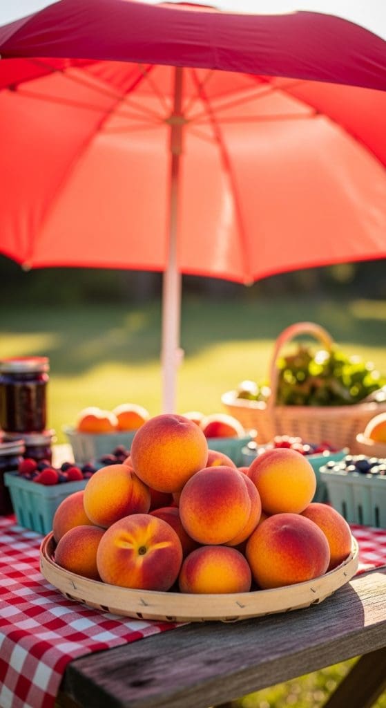red umbrella giving shade to a basket of peaches