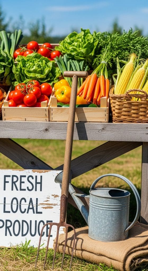 stand with fresh veg in crate with a pitchfork and vintage watering can