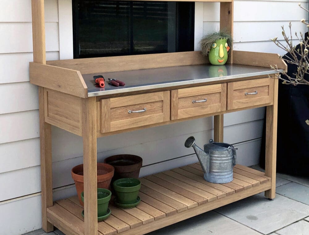 potting bench with sliding drawers