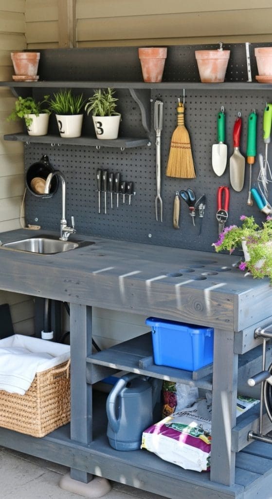 potting bench with a pegboard to hold tools