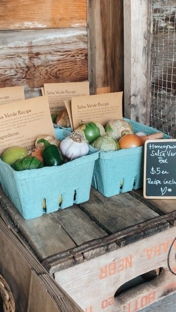 recipe cards on blue baskets full of fresh veg