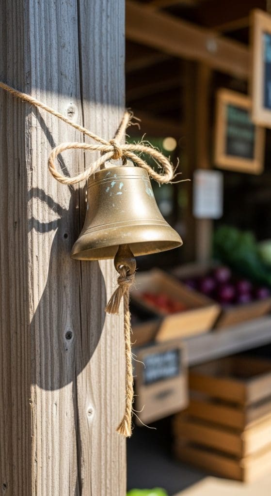 rustic bell hanging from wooden post with twine