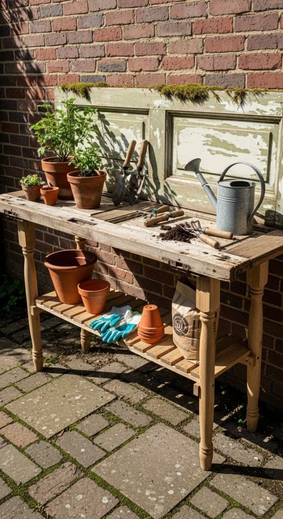 old door converted into a potting bench