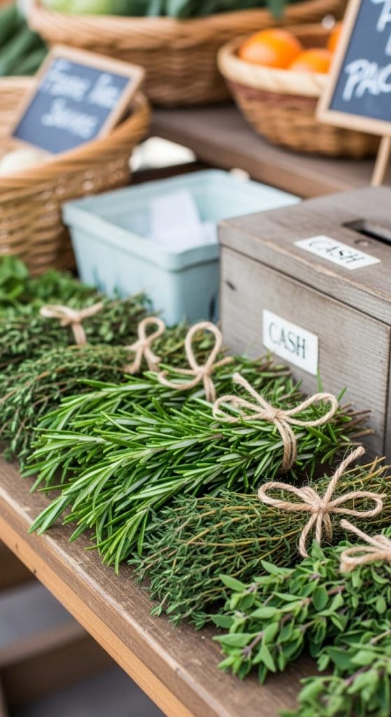 bundles of herbs tied with twine next to a cash box