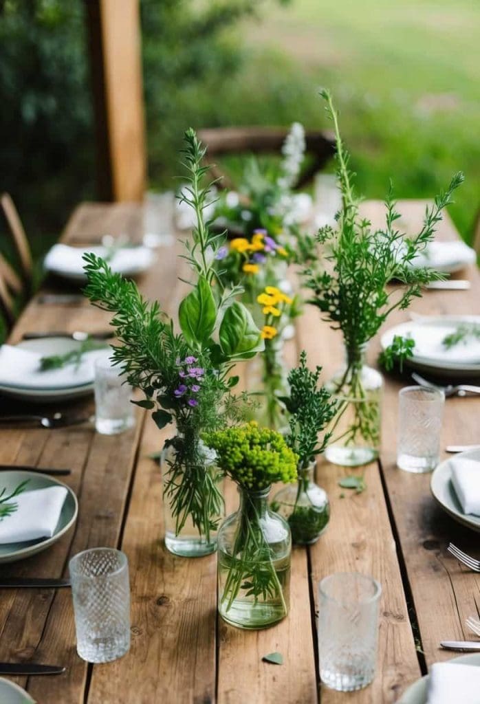 Mixed herbs in small glass bottles set on a rustic table
