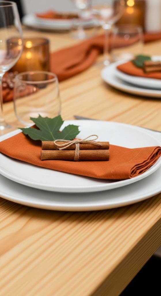 Cinnamon tied with twine on an orange napkin on a white plate