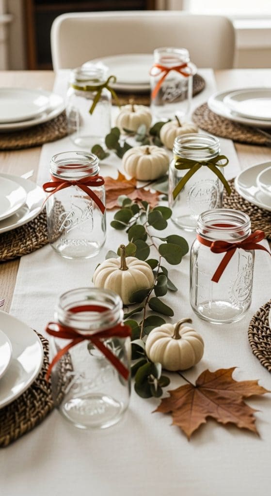 Mason jars on a fall table with red ribbon tied around the top
