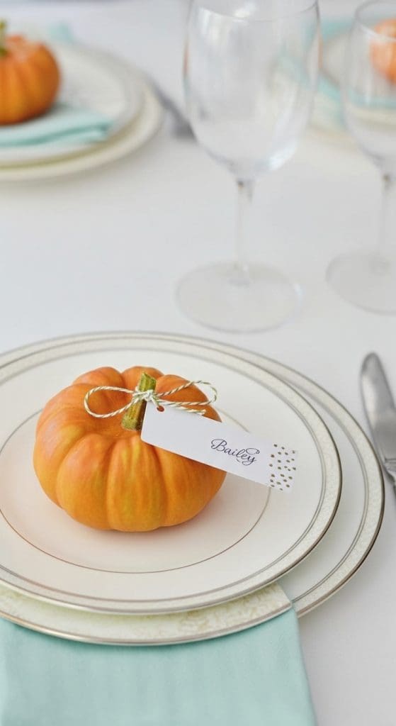 mini pumpkin on a white plate for a Thanksgiving Place Setting