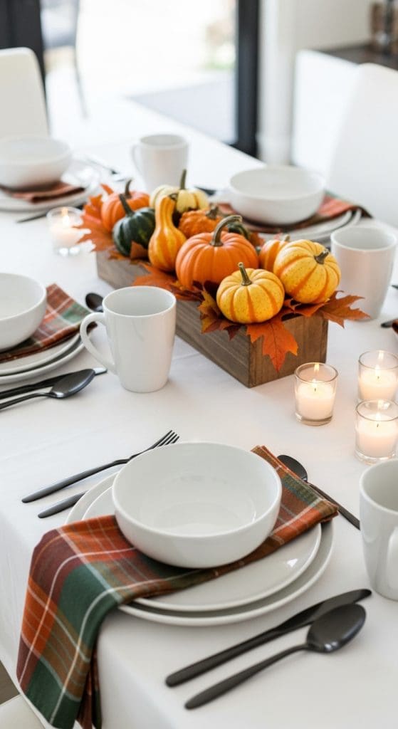 plaid napkins on a minimal white table setting for thanksgiving