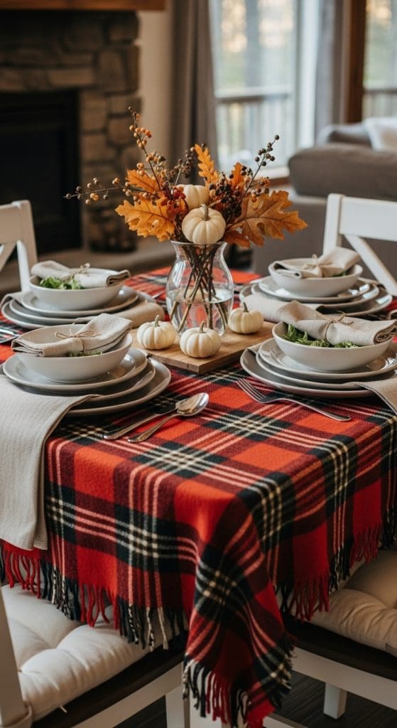 plaid table cloth with white plates and neutral fall decor