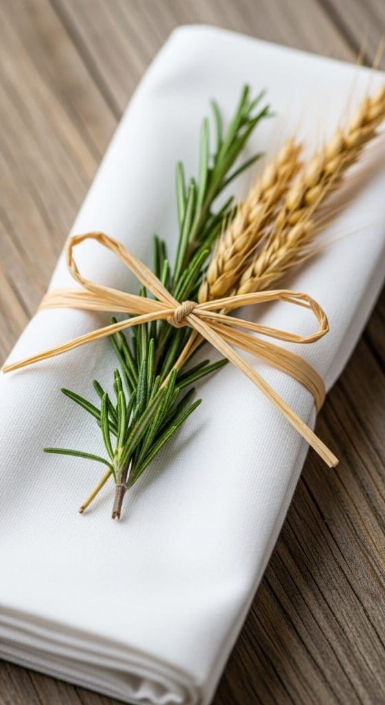 sprig of thyme and wheat grass tied with twine on a white napkin 
