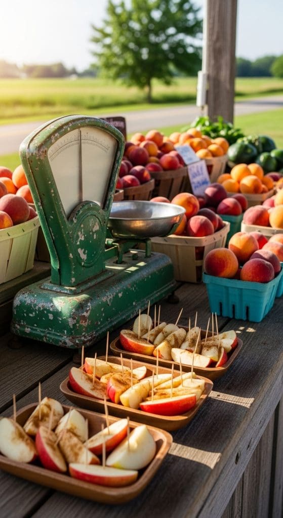 vintage green weighing scales on a rustic farmstand