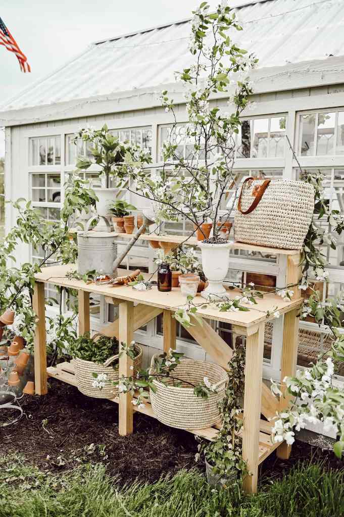 potting bench with wicker basket storage