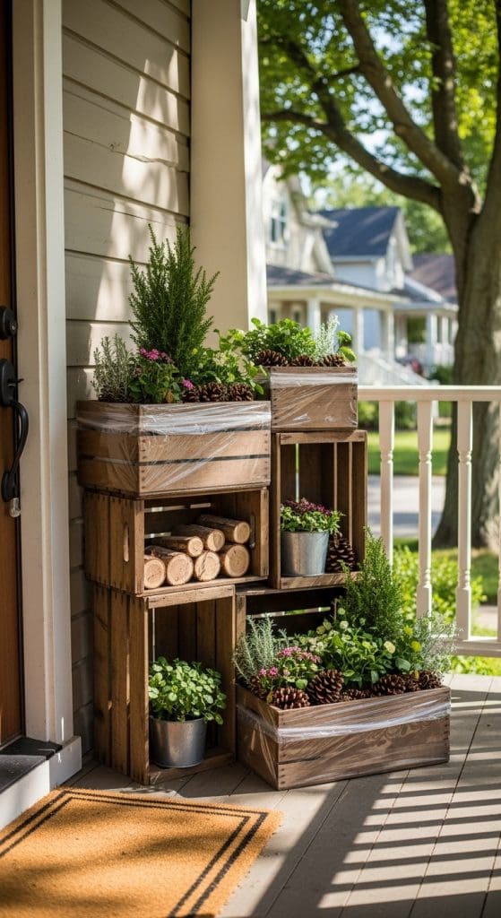 rustic wooden crates holding evergreen plants