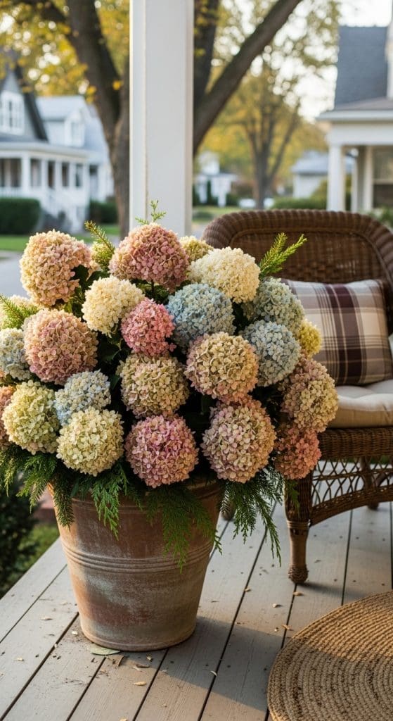dried hydrangeas in pot on front porch 