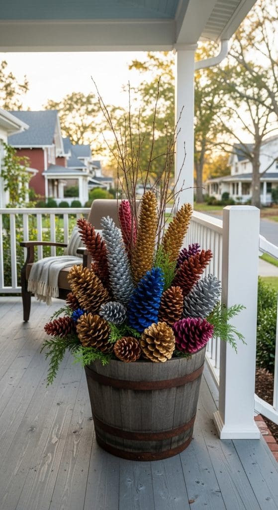 spray painted pinecones in blue, orange and red in a barrel style planter 
