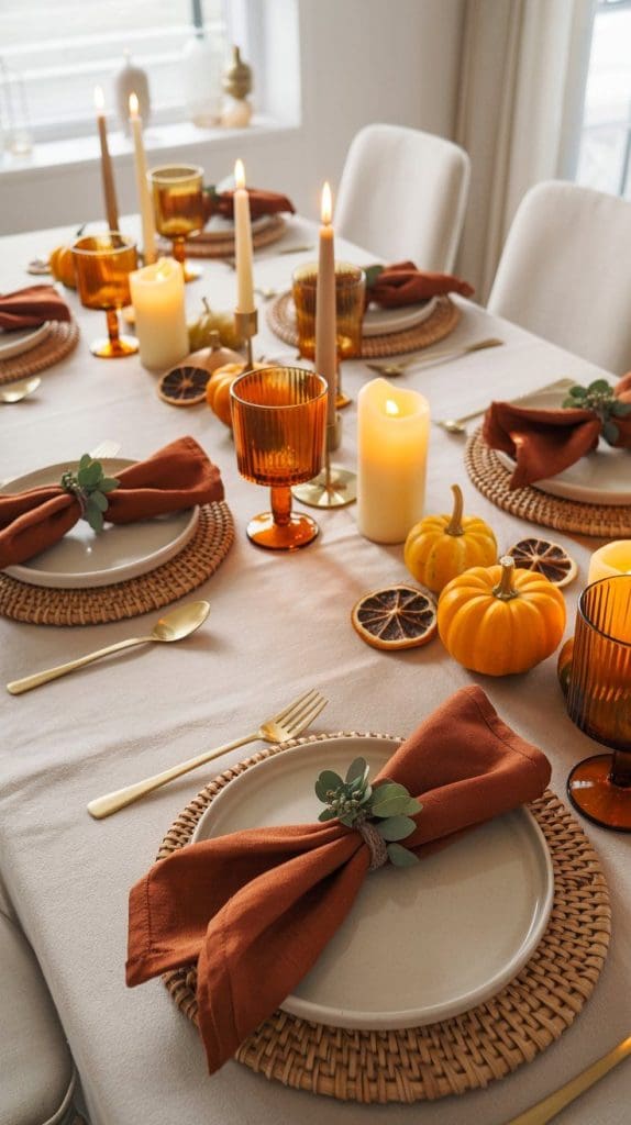 woven placemats sat on a dining room table with fall decor