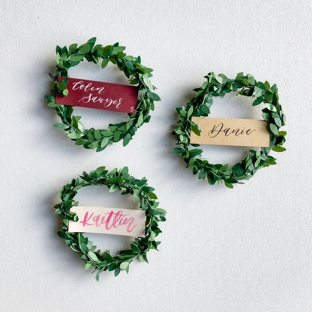 three mini wreaths with place names used for a Thanksgiving Place Setting