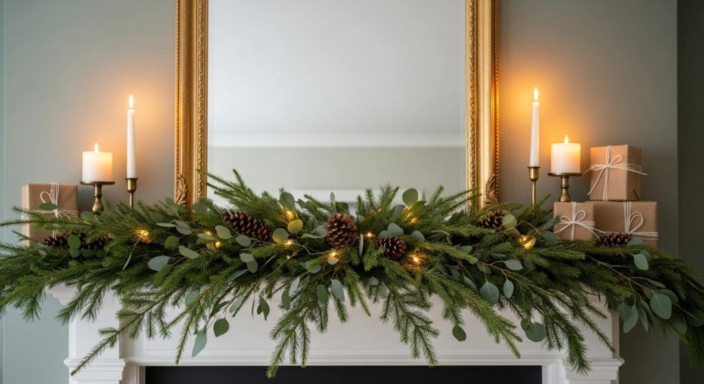fireplace mantle with evergreen garland