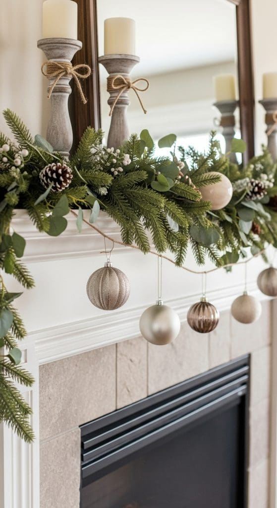 simple christmas mantle decor with evergreen garland and hanging baubles