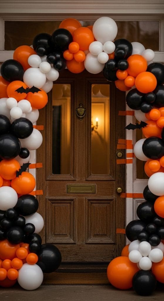 Halloween archway made using orange, black and white balloons