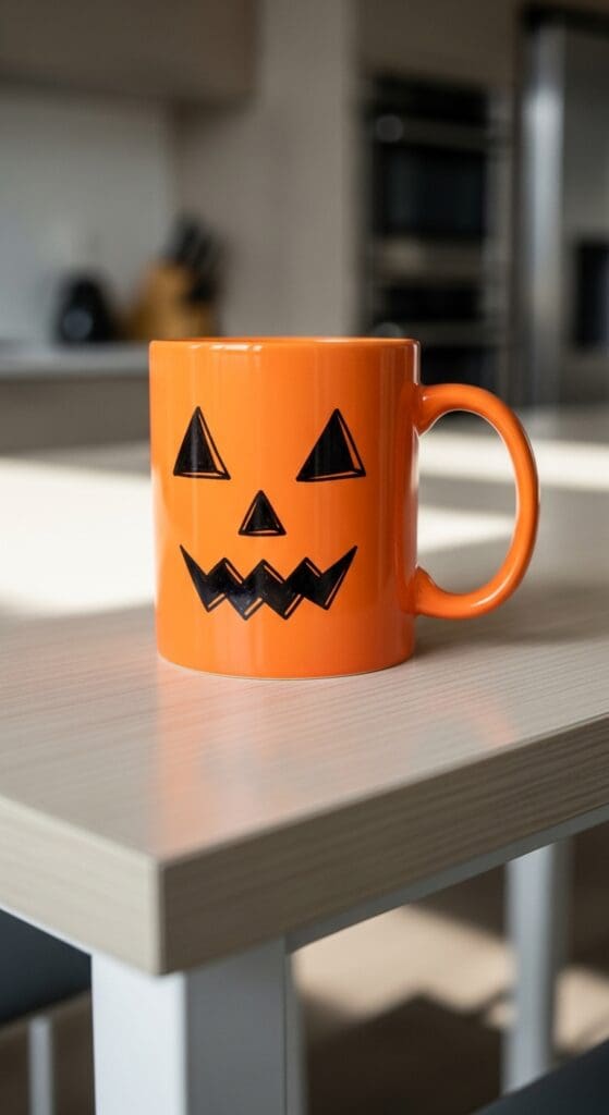 An orange mug with a black pumpkin face drawn on using black permanent marker