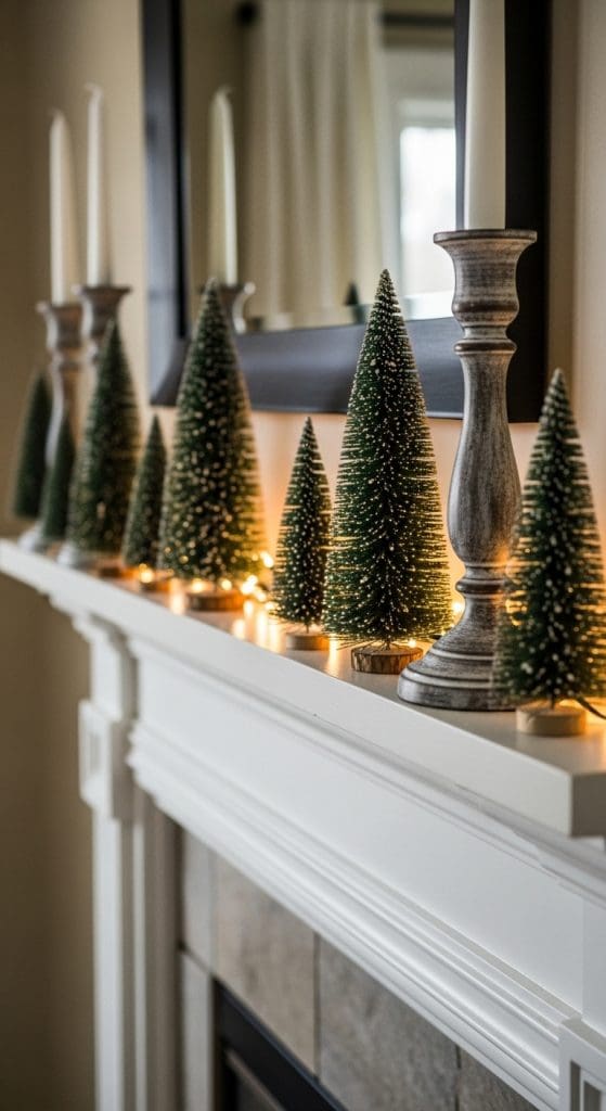 Christmas trees on fireplace mantle like mini winterland