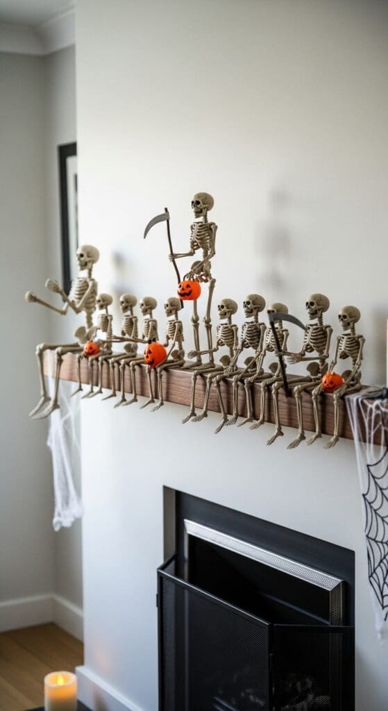 plastic skeletons sat on a fireplace mantle