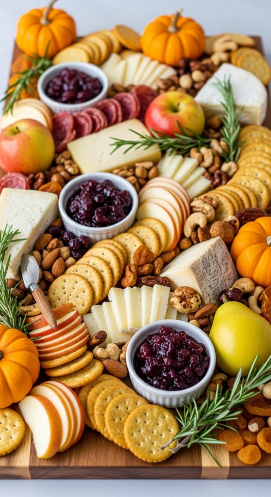 Easy Thanksgiving Charcuterie Board Idea with cheese, apple slices and roasted nuts