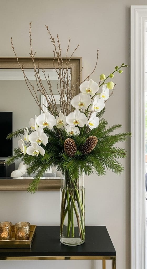 white orchids with pinecones in a tall vase with twigs for an elegant Christmas winter floral arrangement