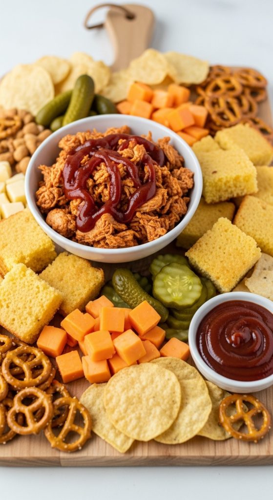 Thanksgiving Turkey Charcuterie Board with BBQ sauce on turkey with chips, crackers and pretzels