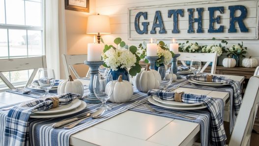 blue and white thanksgiving farmhouse decor