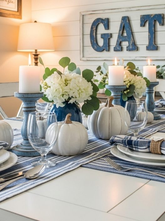 blue and white thanksgiving farmhouse decor