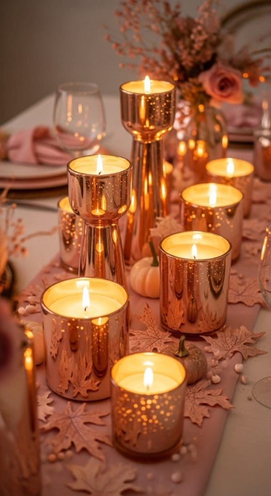 rose gold candle holders on a pink Thanksgiving tablescape