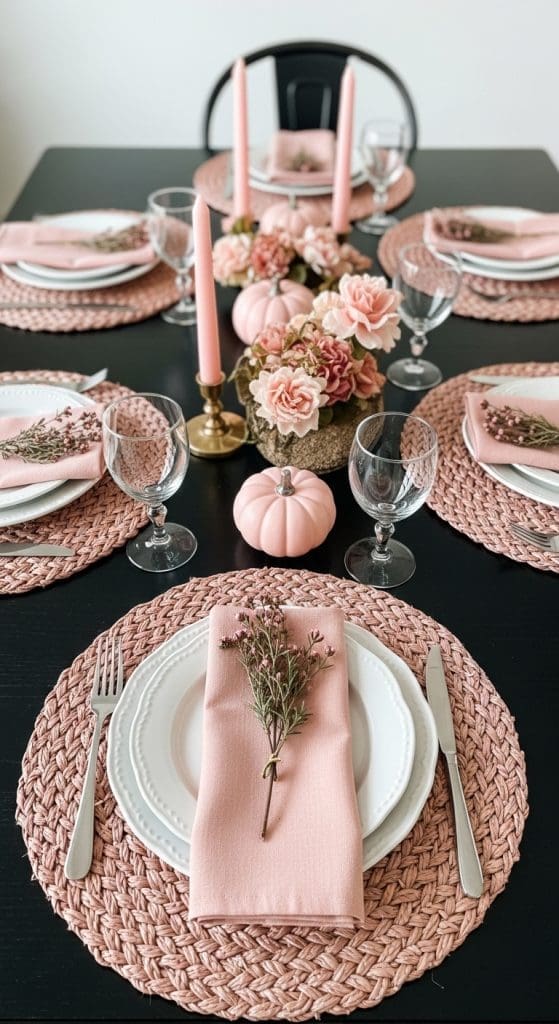 woven pink placemats under white plates on a black table for pink thankgiving table decor