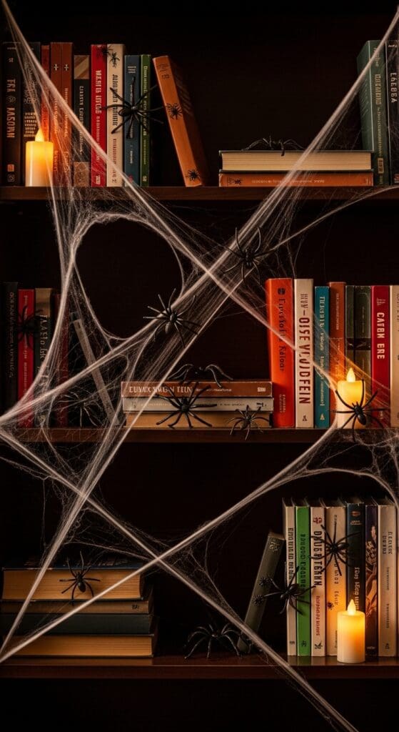 bookshelf with fake spider webs and plastic spiders attached